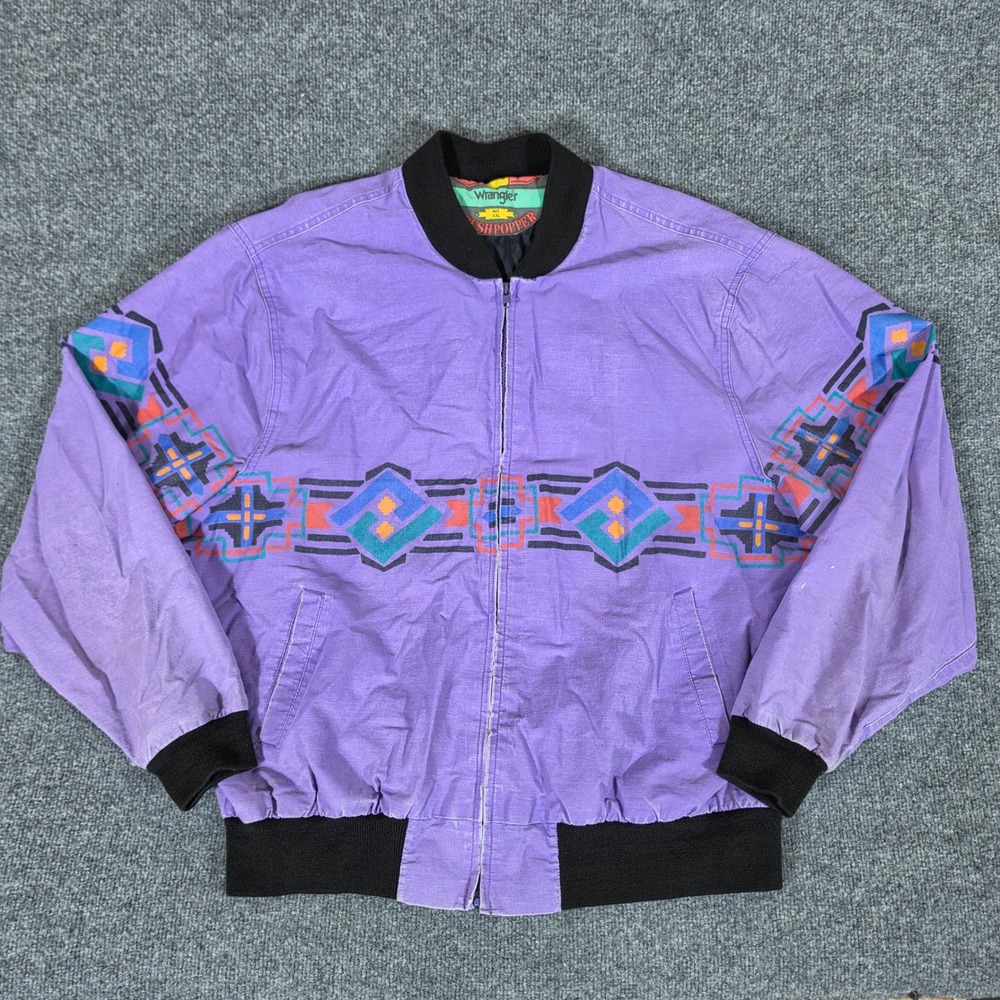 Vintage Wrangler Brushpopper Bomber Jacket 2XL Purple Aztec Geometric 90s Mens